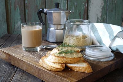 Breakfast with coffee and bruschetta 