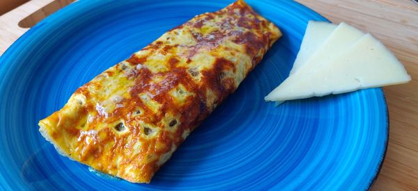 High angle view of bread in plate on table