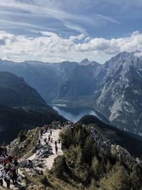 High angle view of mountain range against sky