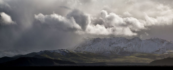 Panoramic view of snowcapped mountains against sky