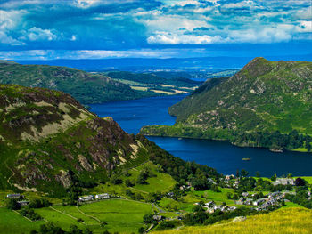 Scenic view of lake and mountains against sky