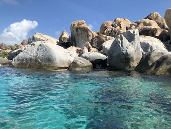 Blue water with rock formation