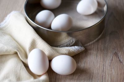 High angle view of eggs in bowl on table