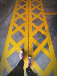 Low section of woman standing on road sign