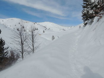 Scenic view of snow covered mountains against sky