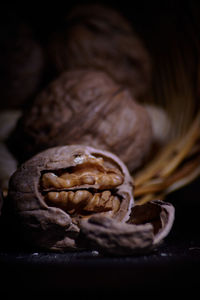 Close-up of human skull on table