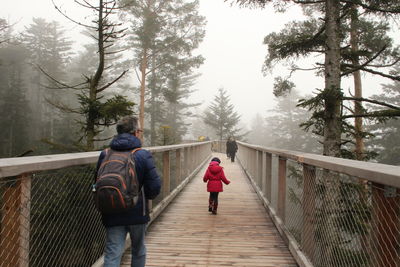 Father and daughter walking over a treetop bridge in the black forest in germany