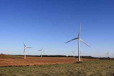 Windmills on field against clear blue sky