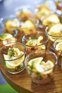 High angle view of food served on table