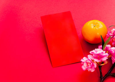 Close-up of orange rose against red background