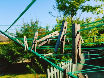 Metal railing against blue sky