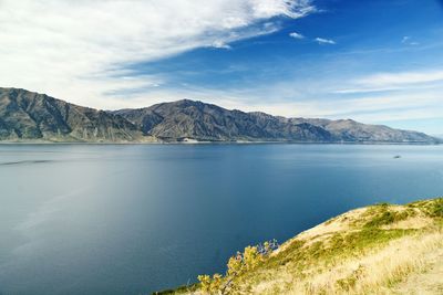 Scenic view of lake and mountains against sky