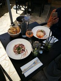 High angle view of breakfast served on table at restaurant