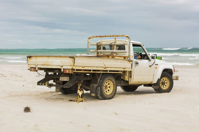 Cart on beach against sky