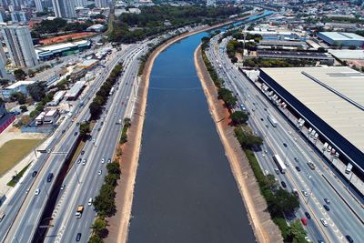 High angle view of cars on street in city