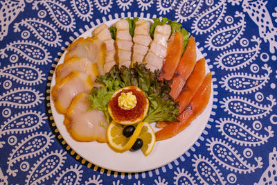 High angle view of dessert in plate on table