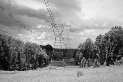 Trees on field against cloudy sky