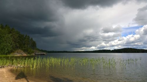 Scenic view of lake against cloudy sky