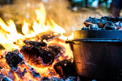 Close-up of bonfire on barbecue grill