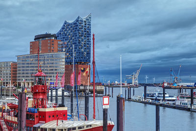 Scenic view of a habour in hamburg with the elbphilharmonie in the background
