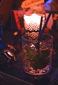 Close-up of beer glass on table