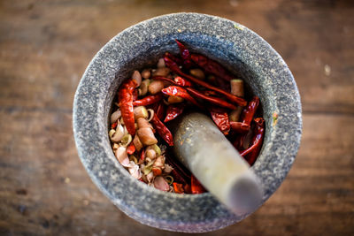 High angle view of food in container on table