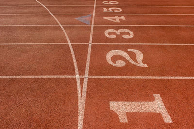 Close-up of starting line at running track