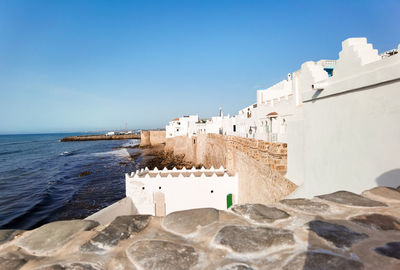 Aerial view over the old medina of assilah with the coast in morocco