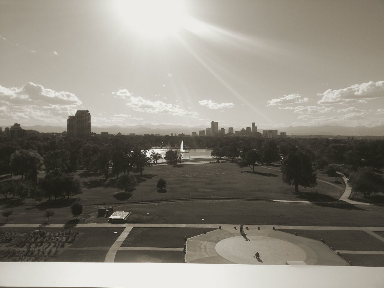 sun, sunlight, sunbeam, built structure, architecture, sky, building exterior, water, sunny, lens flare, river, city, transportation, sea, day, railing, outdoors, nature, cloud - sky, high angle view