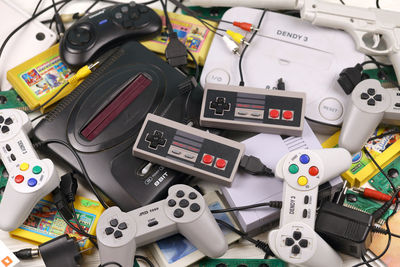 High angle view of toys on table