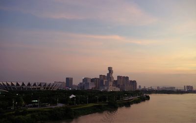 City skyline at sunset