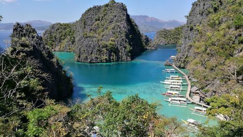 High angle view of trees by sea against sky