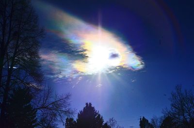 Low angle view of silhouette trees against rainbow in sky
