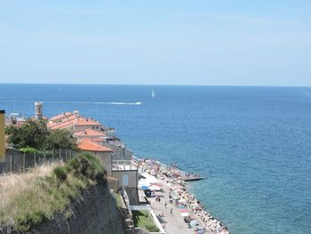 High angle view of sea against clear sky