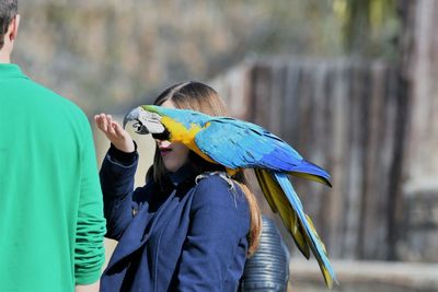Woman with man carrying gold and blue macaw on shoulder