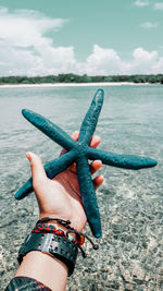 Cropped hand of woman holding star fish against sky