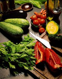 High angle view of various vegetables on table