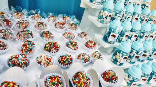High angle view of various displayed on table at store