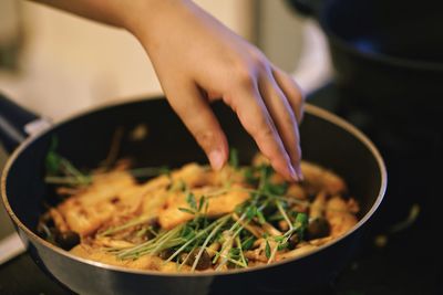 Close-up of hand preparing food in frying pan