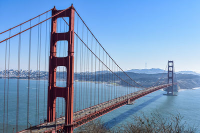 View of suspension bridge in city