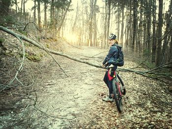 Full length of woman standing on tree trunk in forest