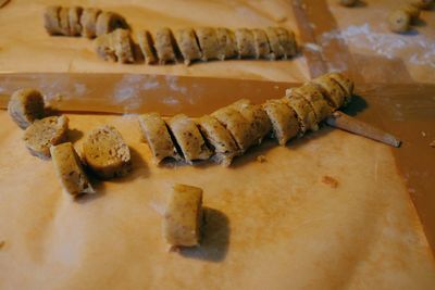 High angle view of bread on cutting board