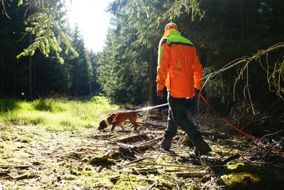 Rear view of woman with dog in forest