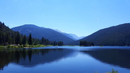 Scenic view of lake and mountains against clear blue sky