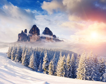 Scenic view of snowcapped mountains against sky during winter