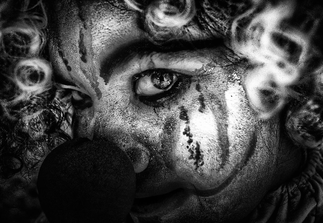 portrait, darkness, headshot, close-up, human face, one person, black, looking at camera, monochrome, adult, black and white, monochrome photography, face paint, young adult, horror, indoors, women, lifestyles, front view, human head, paint