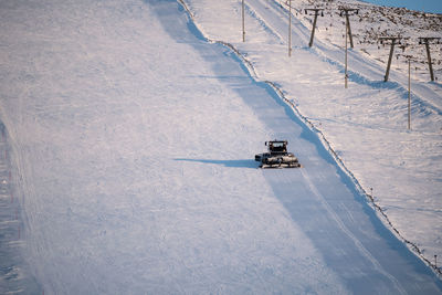 High angle view of snow covered land