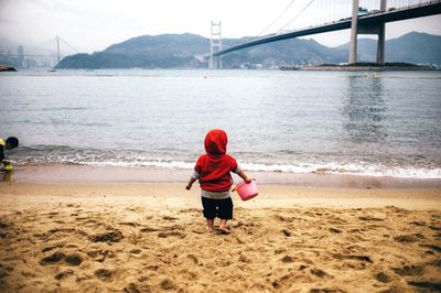 Rear view of boy on beach against sky