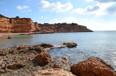 Scenic view of cliff by sea against sky