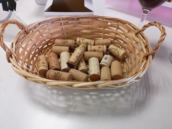 High angle view of wicker basket on table